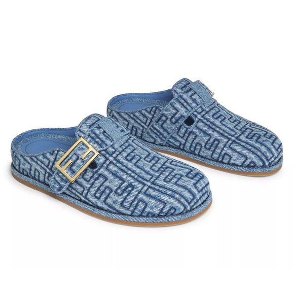 Fendi Feel Cotton Blue Denim FF Logo Gold Slip On Slide Clogs Mules Flats 40 - Picture 3 of 16